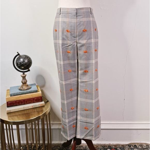 Nina Ricci Plaid Wool Trousers with Orange Fringe Embroidery Size 40 NWT Classic - Picture 1 of 11